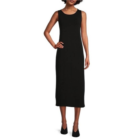 EILEEN FISHER BLACK VISCOSE KNIT SHEATH MIDI DRESS SIZE XS - Picture 10 of 10